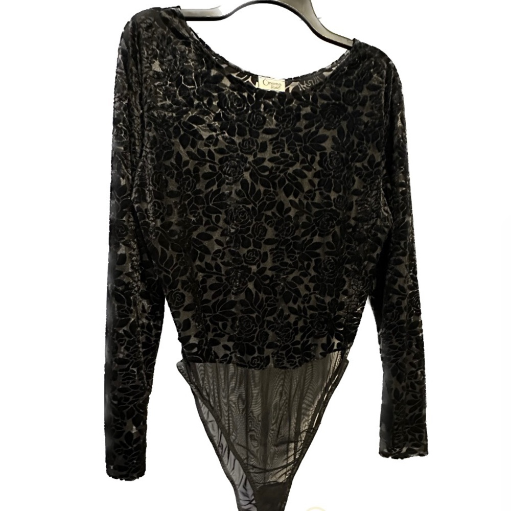 Vintage Velvet Burnout Bodysuit Black Roses Mesh Size Large